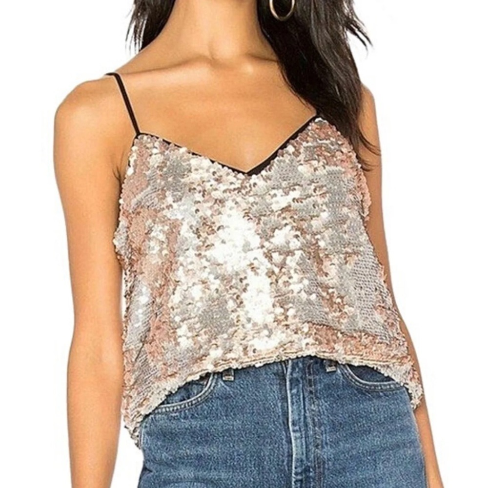 1. STATE Womens Silver Sequined Spaghetti Strap V Neck Top S